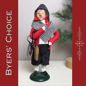Byers' Choice Caroler 1991 Boy w/Skates Plaid Scarf Red Coat Christmas Holiday